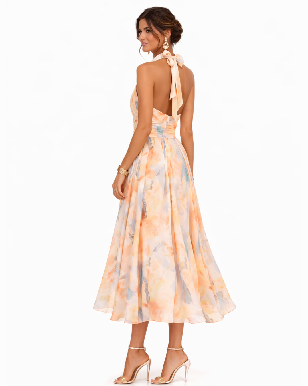Aurora | Vestido largo halter de satén con estampado acuarela