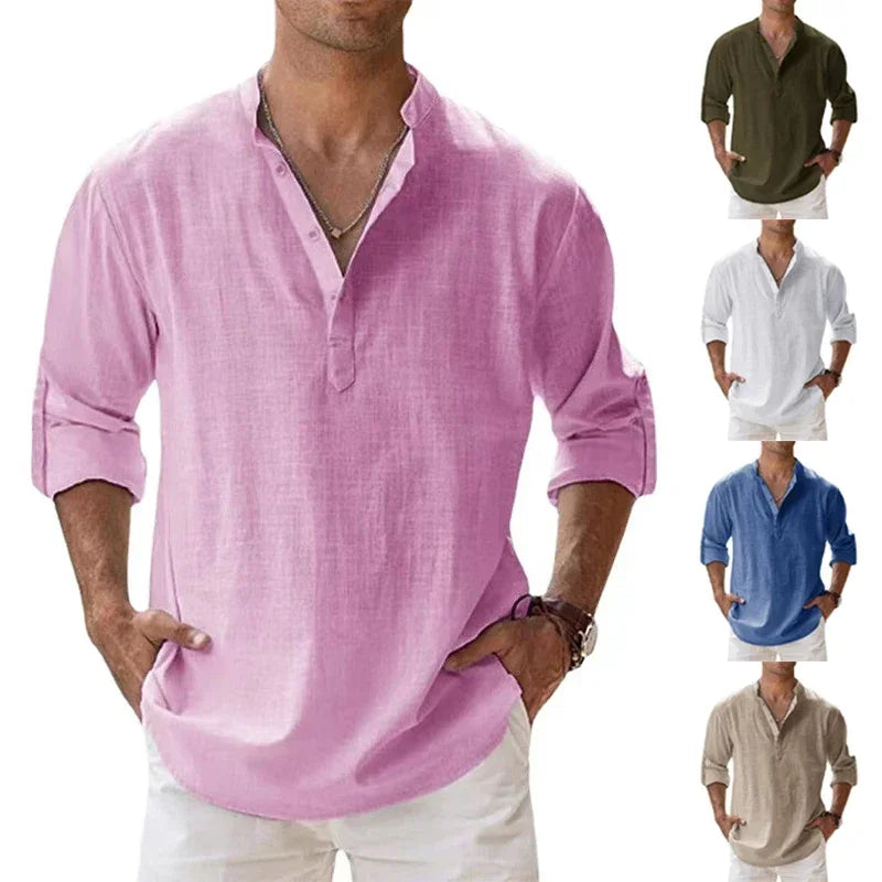 Luca | Camisa de verano de lino y algodón con cuello mao