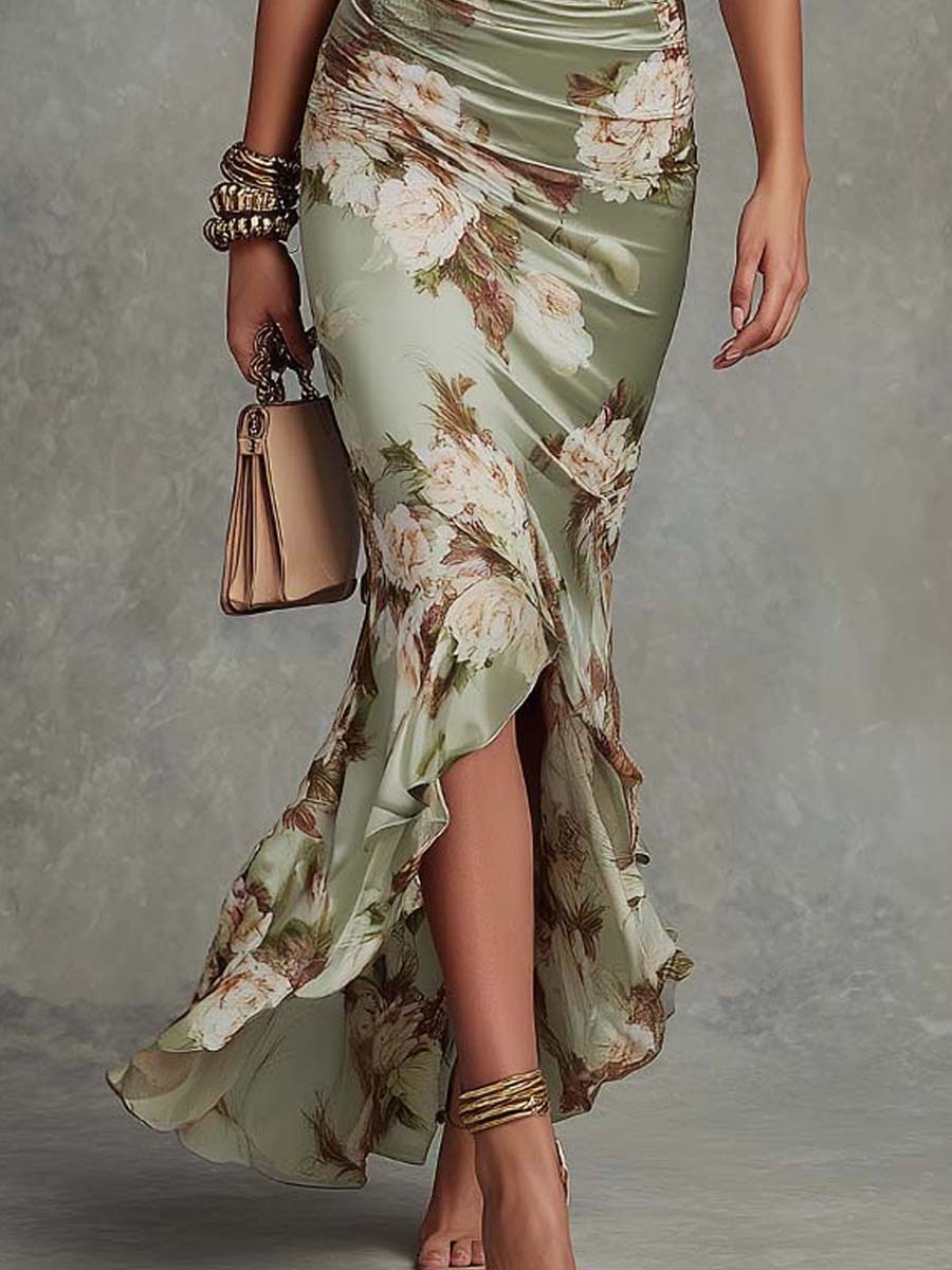 Clémence | Vestido largo floral de acabado satinado