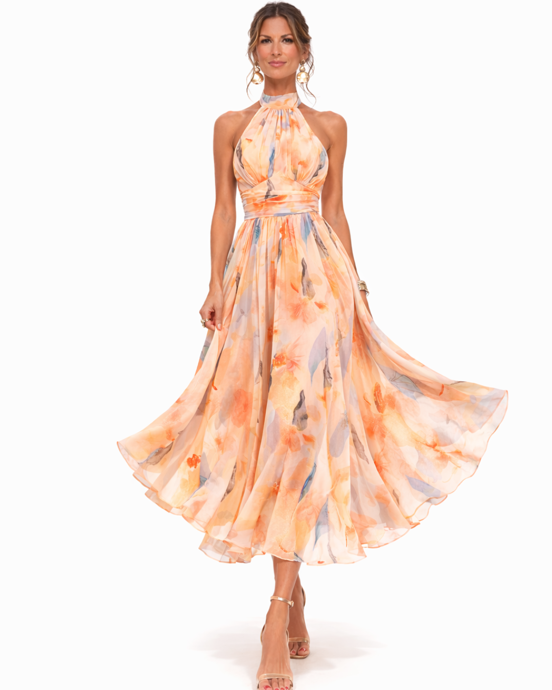 Aurora | Vestido largo halter de satén con estampado acuarela