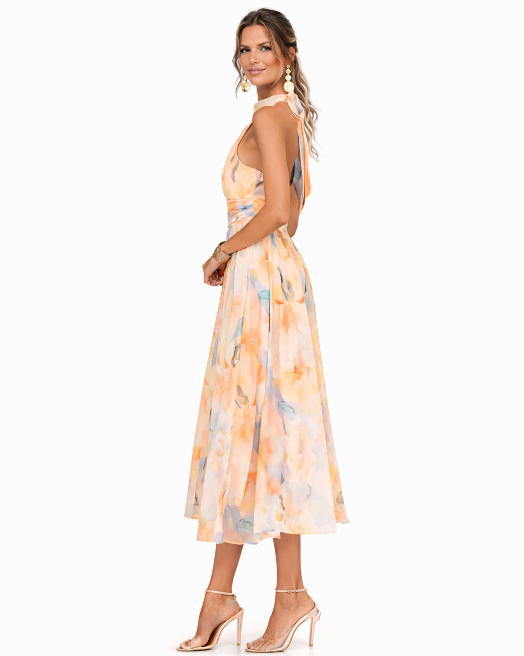 Aurora | Vestido largo halter de satén con estampado acuarela