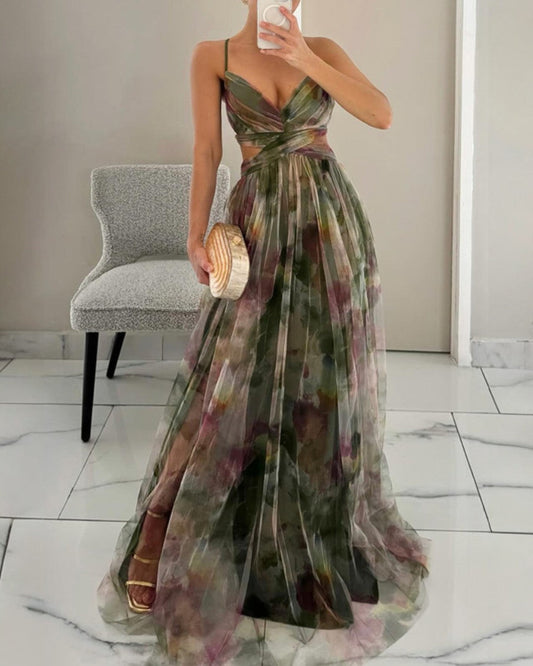 Aurelia | Vestido largo acuarela con escote cruzado