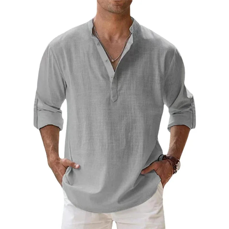 Luca | Camisa de verano de lino y algodón con cuello mao