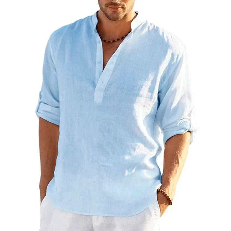 Luca | Camisa de verano de lino y algodón con cuello mao