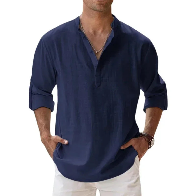 Luca | Camisa de verano de lino y algodón con cuello mao