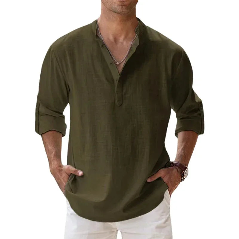 Luca | Camisa de verano de lino y algodón con cuello mao