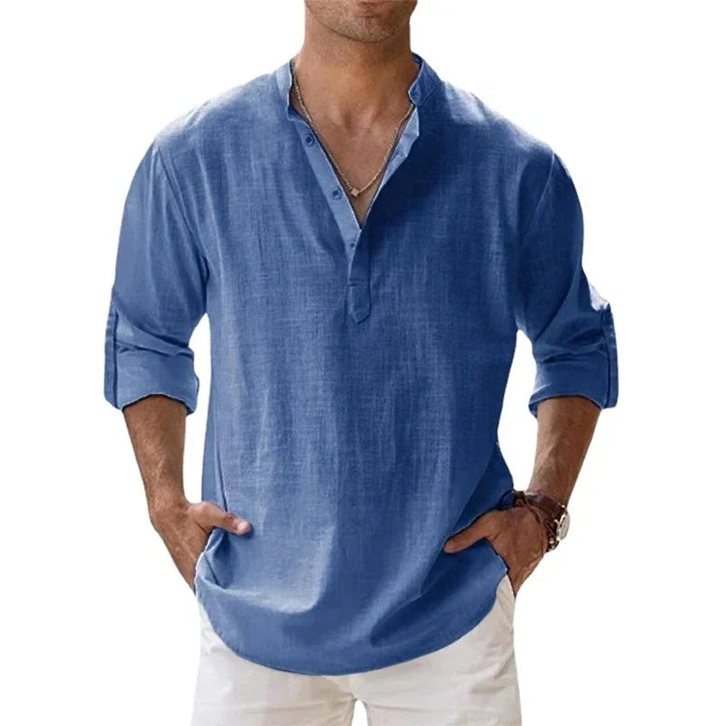 Luca | Camisa de verano de lino y algodón con cuello mao