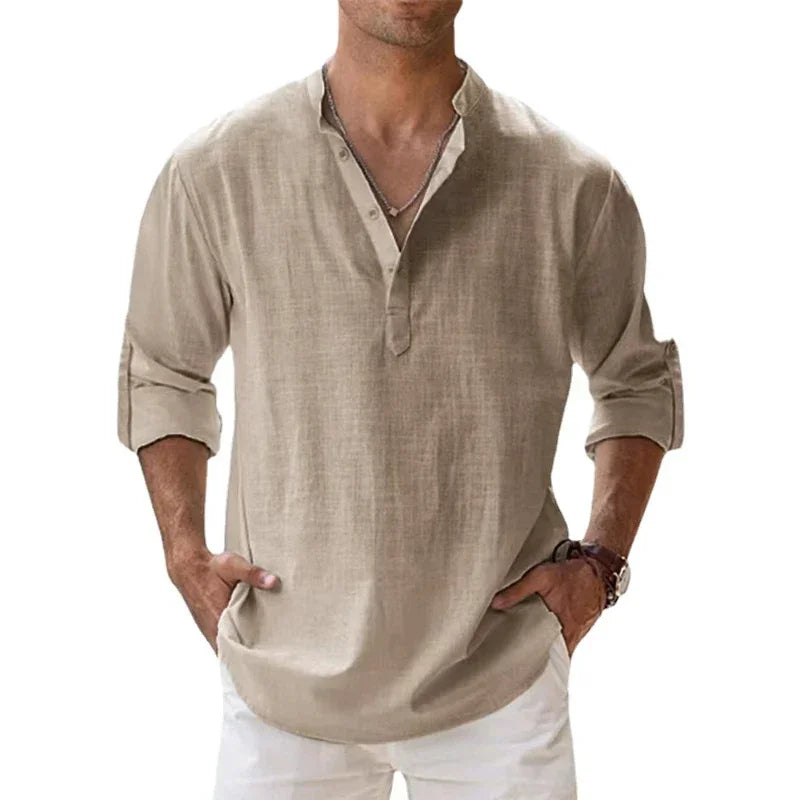 Luca | Camisa de verano de lino y algodón con cuello mao