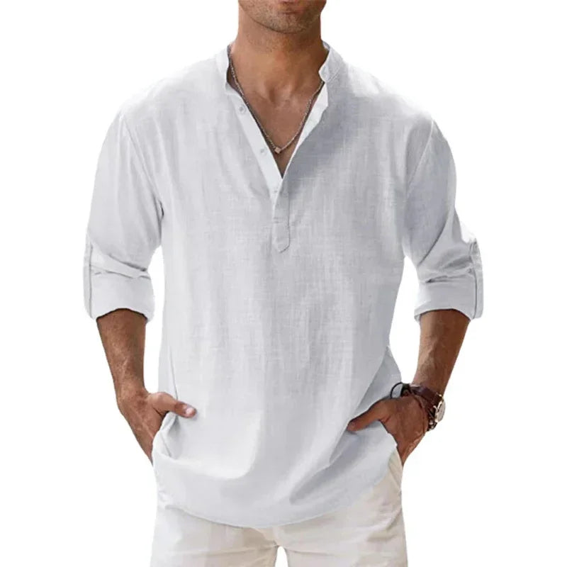 Luca | Camisa de verano de lino y algodón con cuello mao