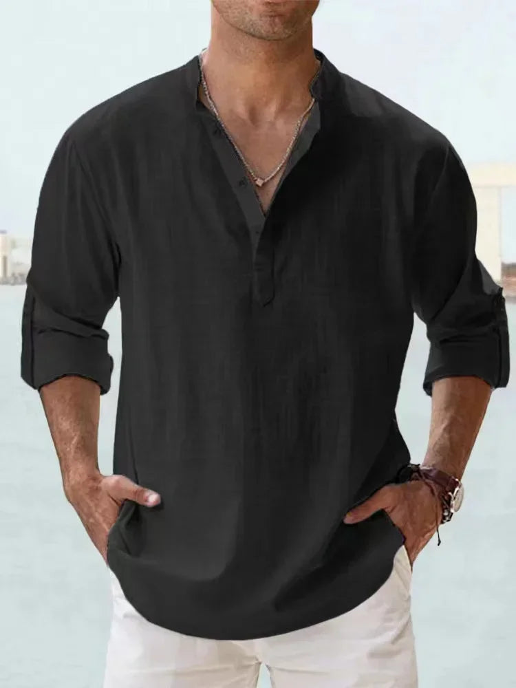 Luca | Camisa de verano de lino y algodón con cuello mao