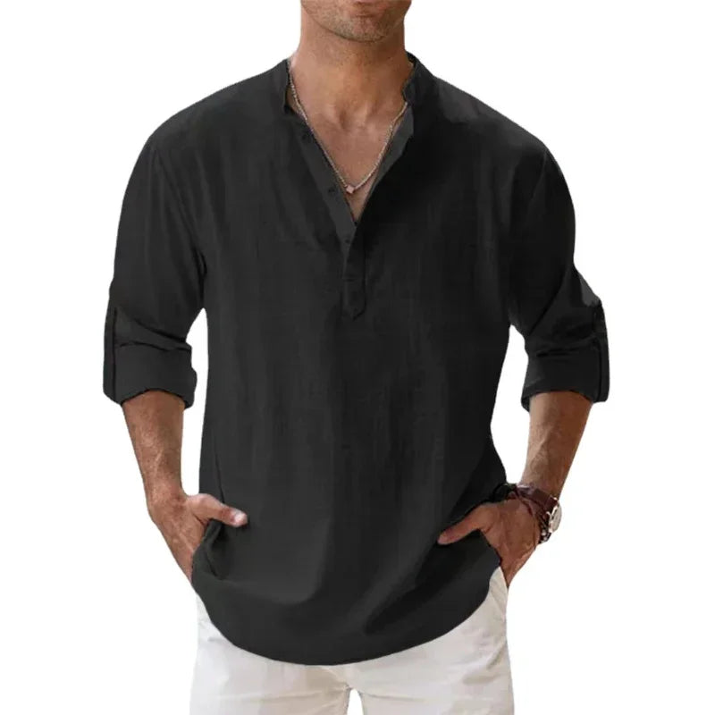 Luca | Camisa de verano de lino y algodón con cuello mao