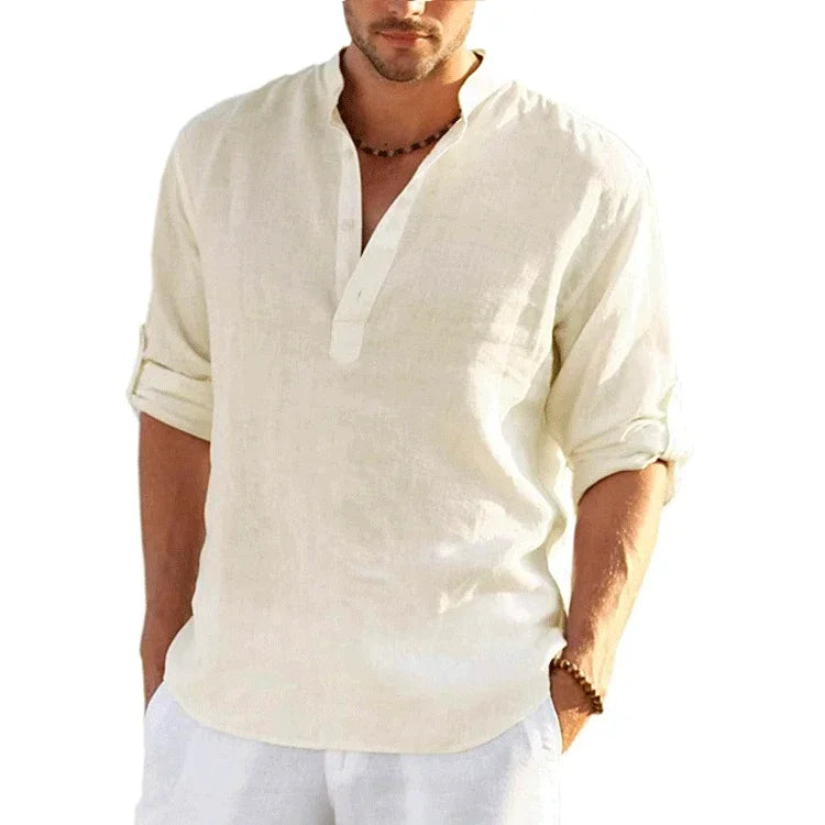 Luca | Camisa de verano de lino y algodón con cuello mao