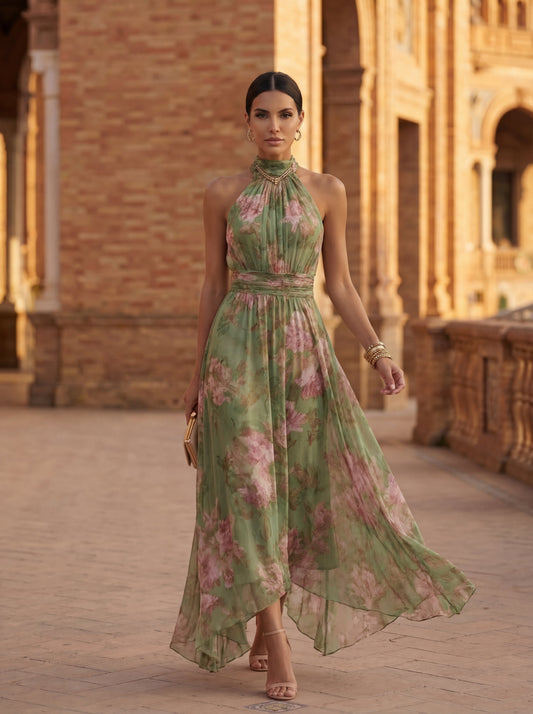 Elena | Vestido largo floral con escote halter