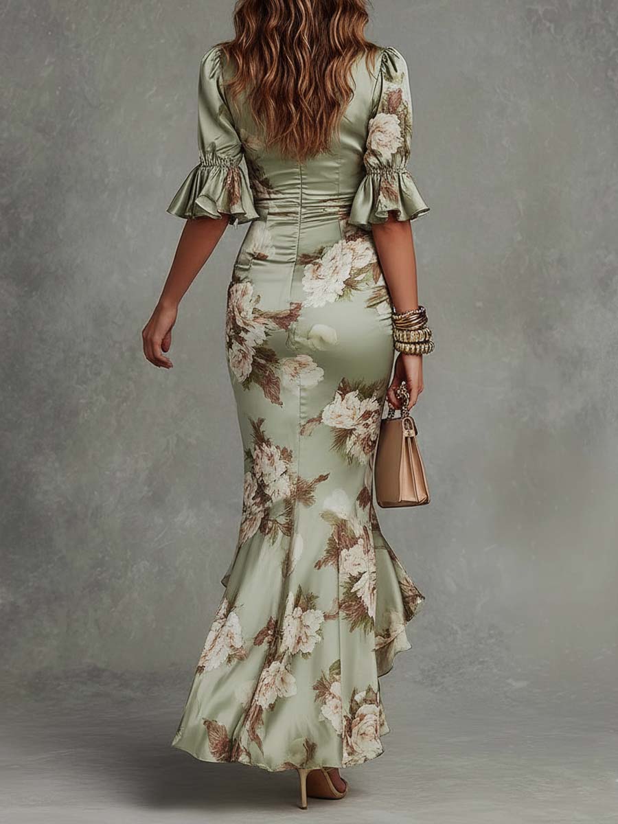Clémence | Vestido largo floral de acabado satinado