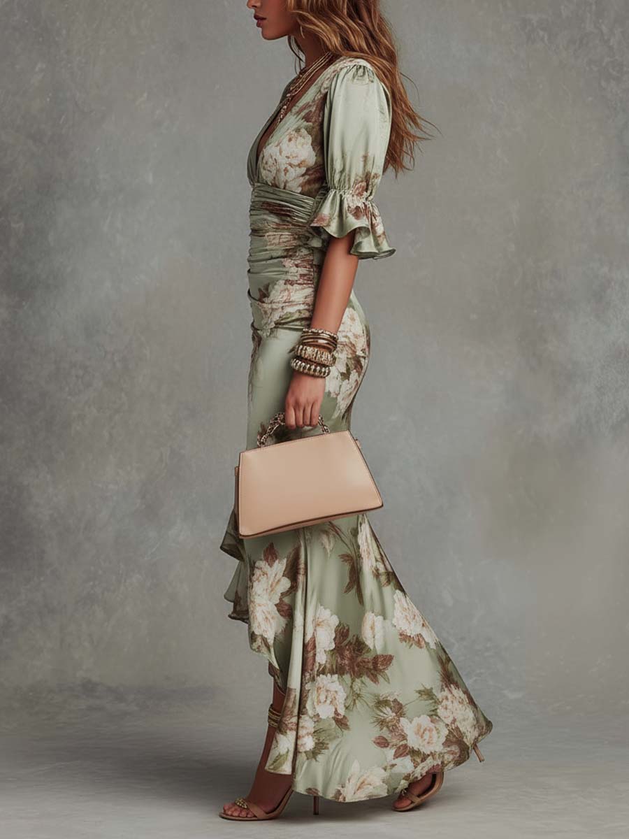 Clémence | Vestido largo floral de acabado satinado