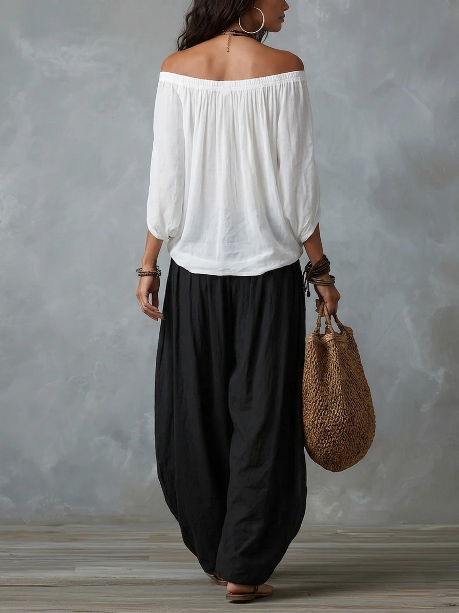 Sol- Conjunto de hombros descubiertos y pantalón fluido