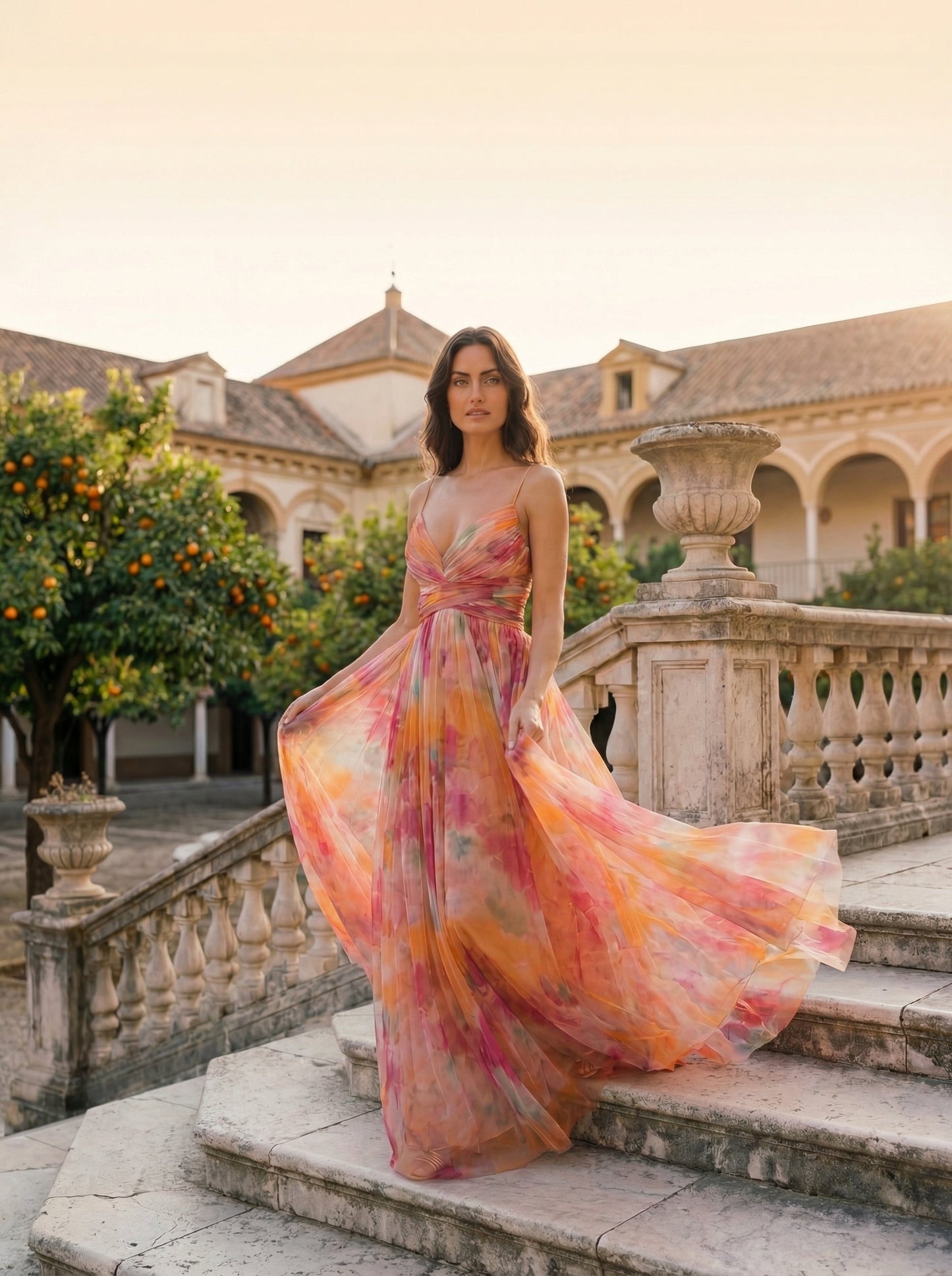 Aurelia | Vestido largo acuarela con escote cruzado