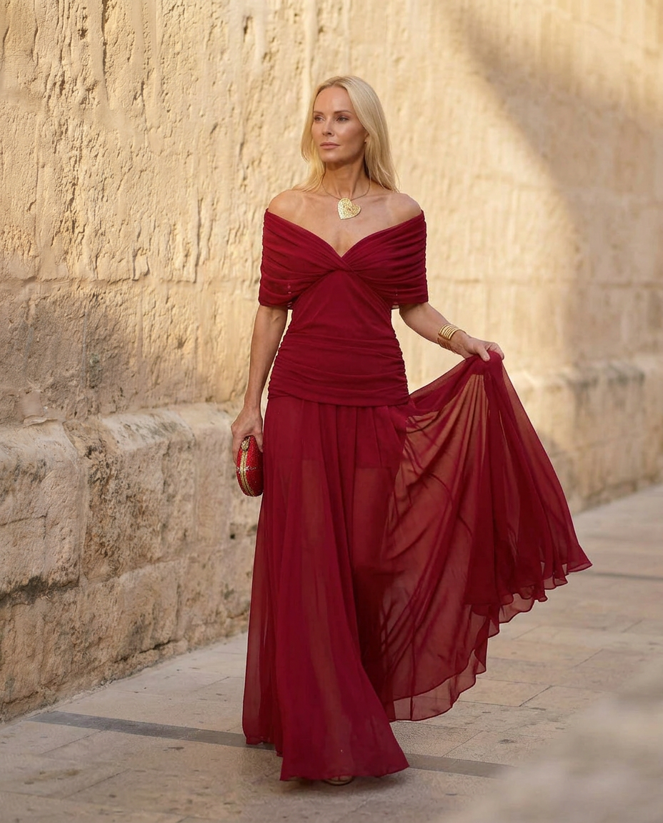 Alessandra | Vestido largo de caída sedosa con cintura plisada
